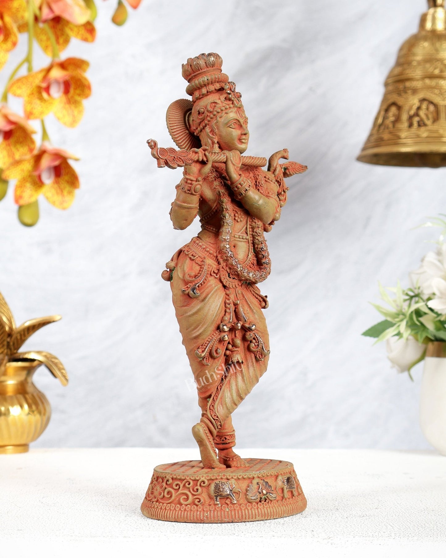 Superfine Brass Lord Krishna Intricate Idol 10 inch green patina sand tone - Budhshiv.com