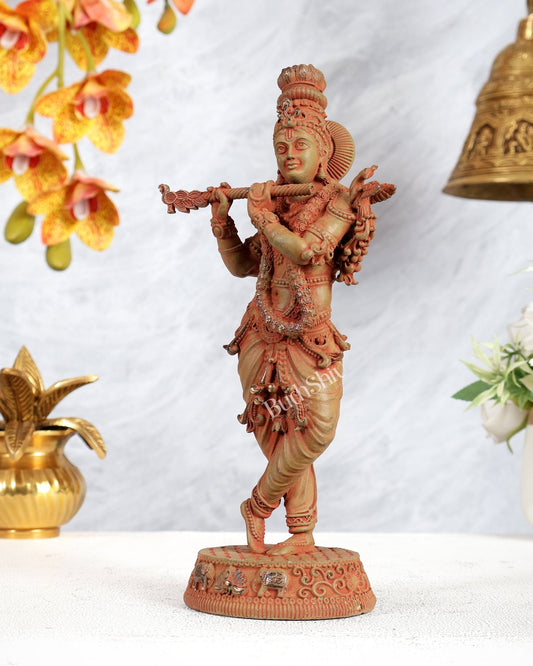 Superfine Brass Lord Krishna Intricate Idol 10 inch green patina sand tone - Budhshiv.com
