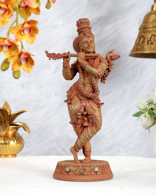 Superfine Brass Lord Krishna Intricate Idol 10 inch green patina sand tone - Budhshiv.com