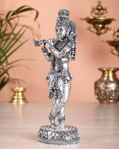 Superfine Brass Lord Krishna Intricate Idol 10" silver plated - Budhshiv.com