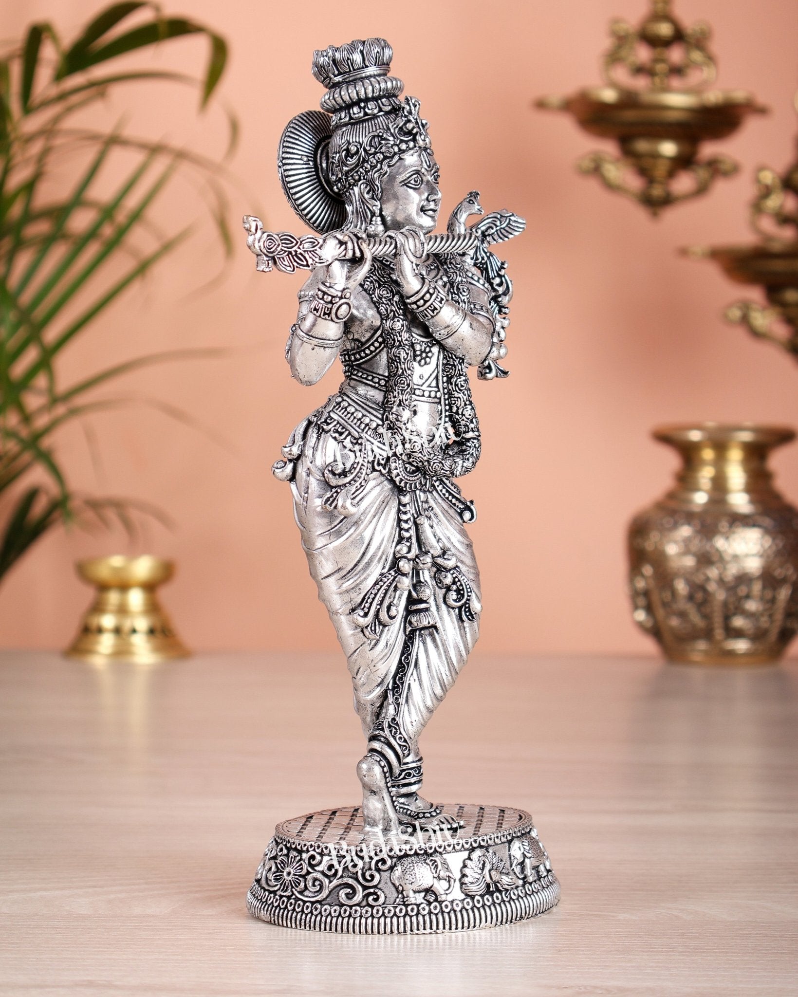 Superfine Brass Lord Krishna Intricate Idol 10" silver plated - Budhshiv.com