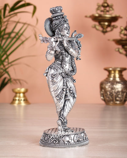 Superfine Brass Lord Krishna Intricate Idol 10" silver plated - Budhshiv.com
