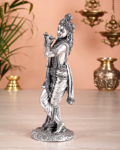 Superfine Brass Lord Krishna Intricate Idol 10" silver plated - Budhshiv.com