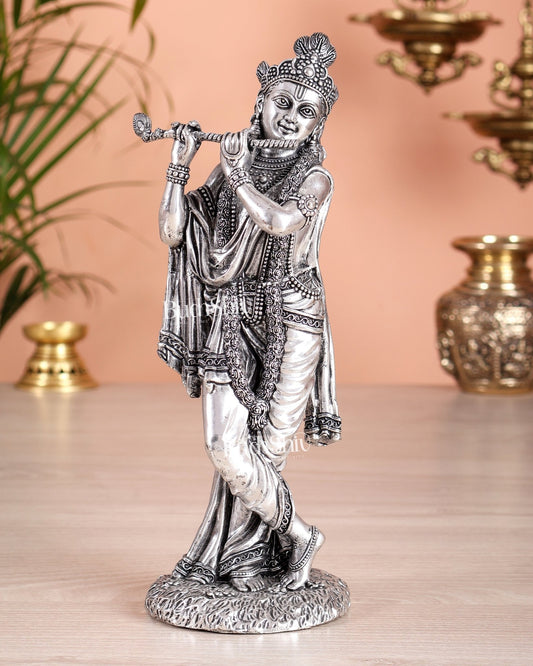 Superfine Brass Lord Krishna Intricate Idol 10" silver plated - Budhshiv.com