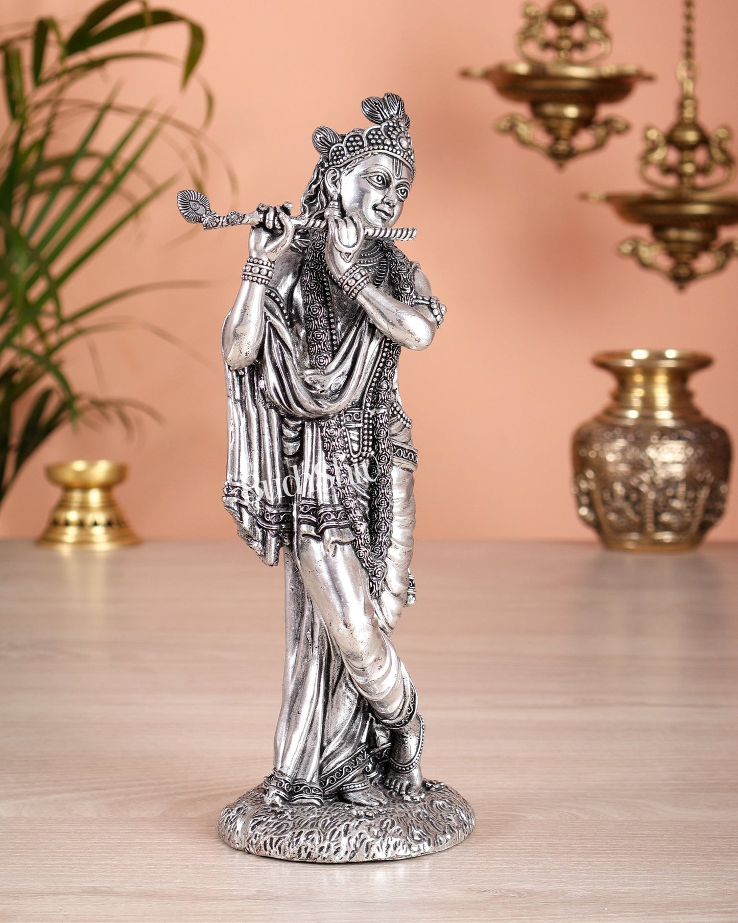 Superfine Brass Lord Krishna Intricate Idol 10" silver plated - Budhshiv.com