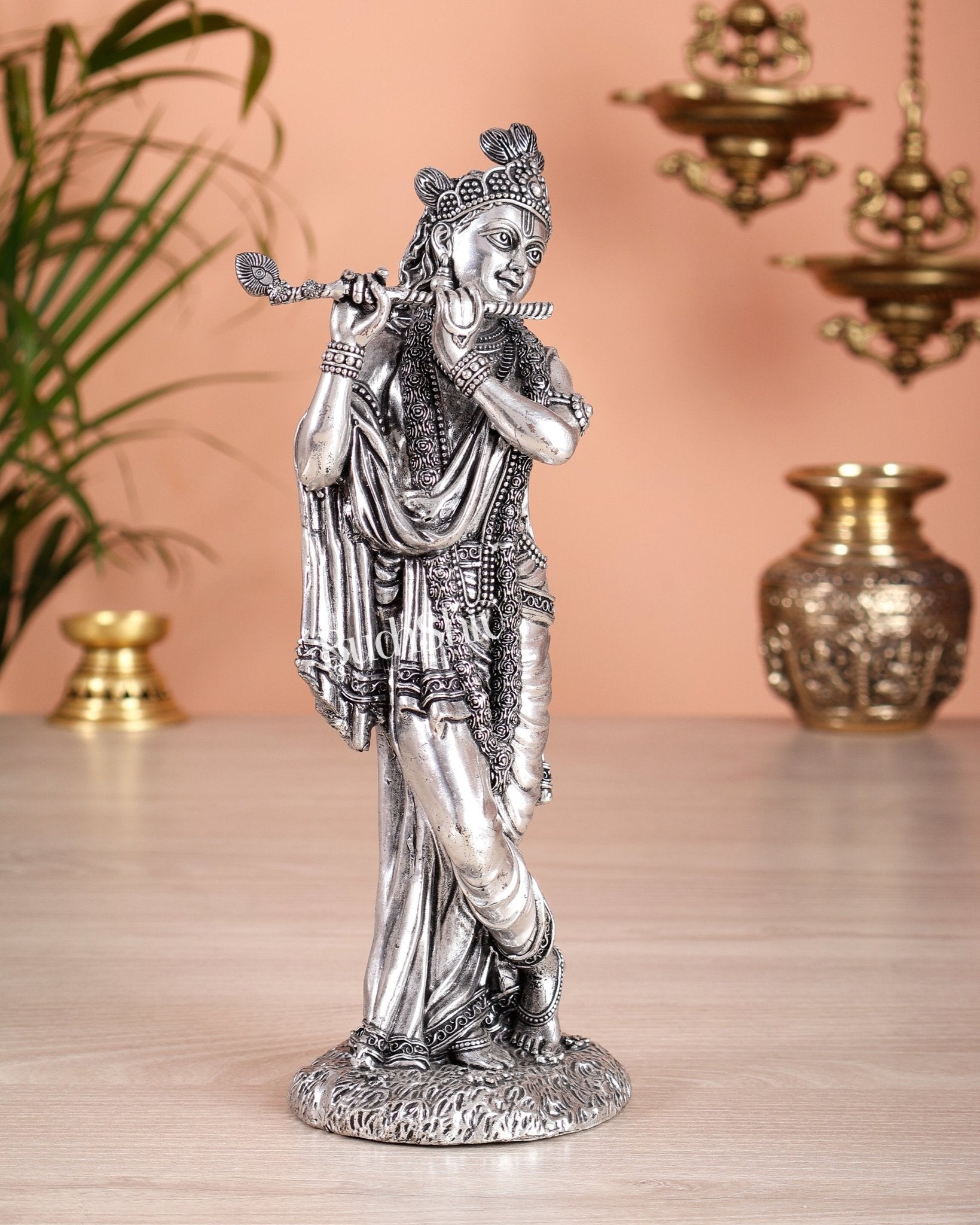 Superfine Brass Lord Krishna Intricate Idol 10" silver plated - Budhshiv.com