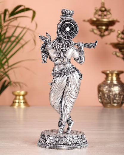 Superfine Brass Lord Krishna Intricate Idol 10" silver plated - Budhshiv.com