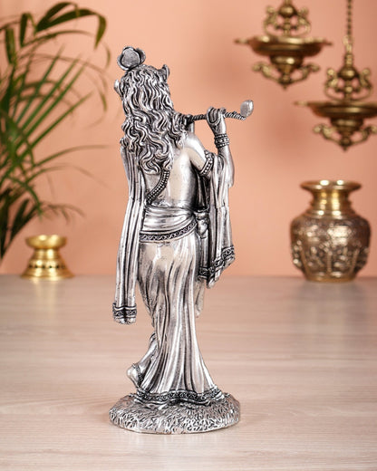 Superfine Brass Lord Krishna Intricate Idol 10" silver plated - Budhshiv.com