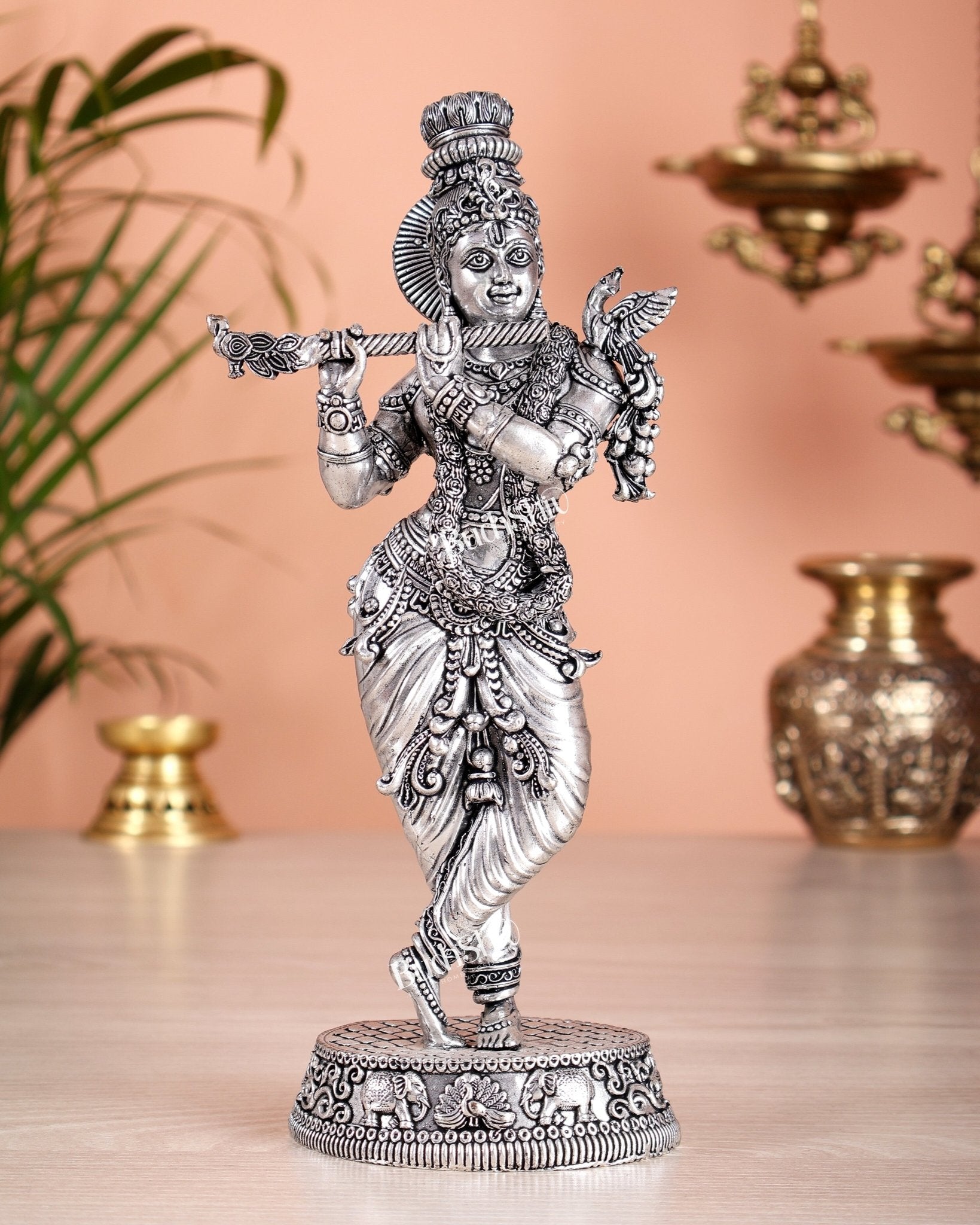 Superfine Brass Lord Krishna Intricate Idol 10" silver plated - Budhshiv.com