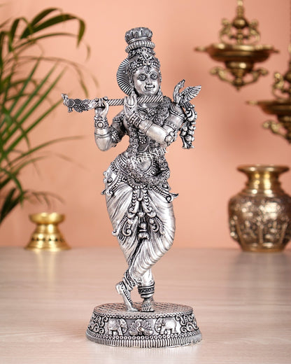 Superfine Brass Lord Krishna Intricate Idol 10" silver plated - Budhshiv.com