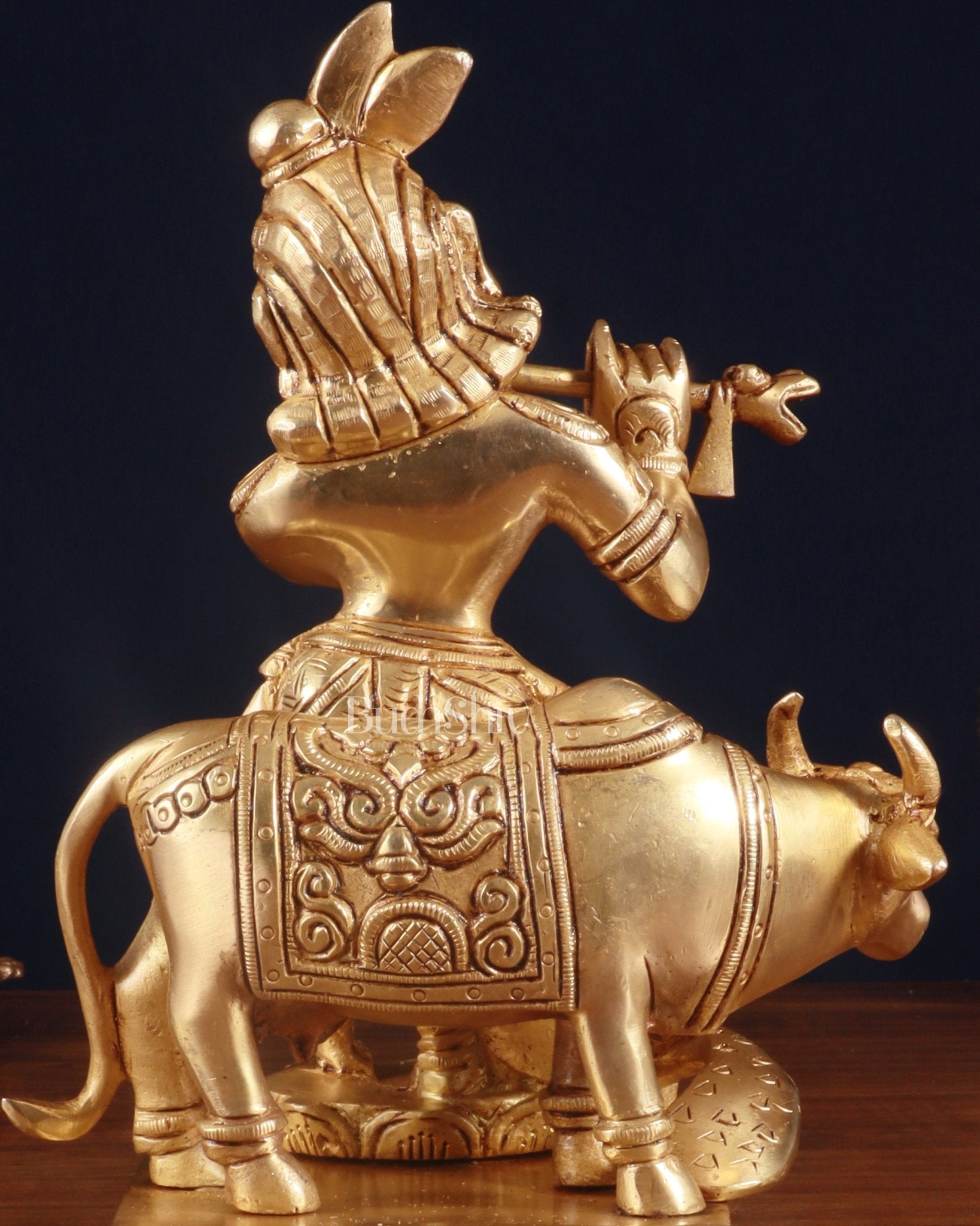 Superfine Brass Lord Krishna with Cow Statue – 8.5 Inch - Budhshiv.com