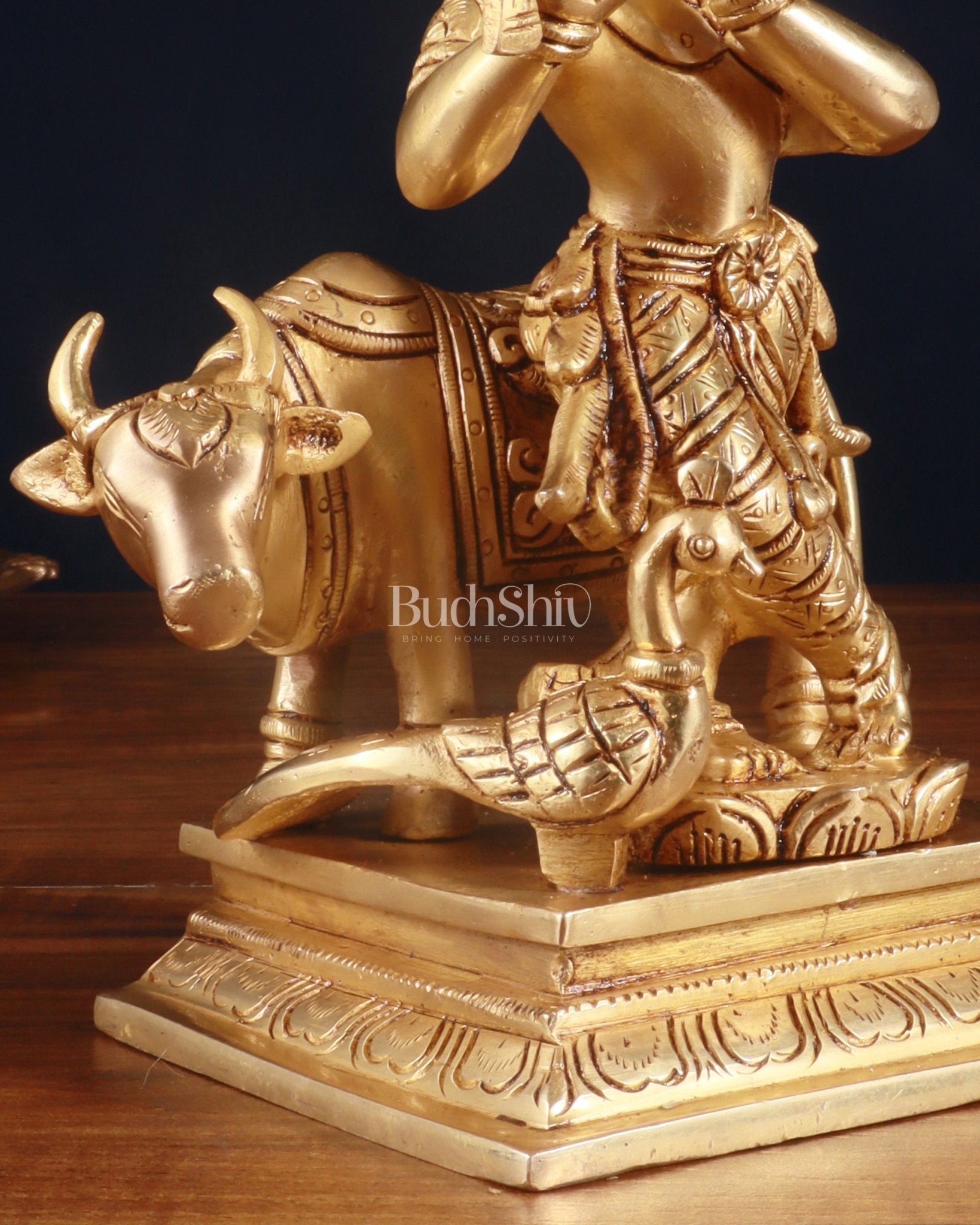 Superfine Brass Lord Krishna with Cow Statue – 8.5 Inch - Budhshiv.com