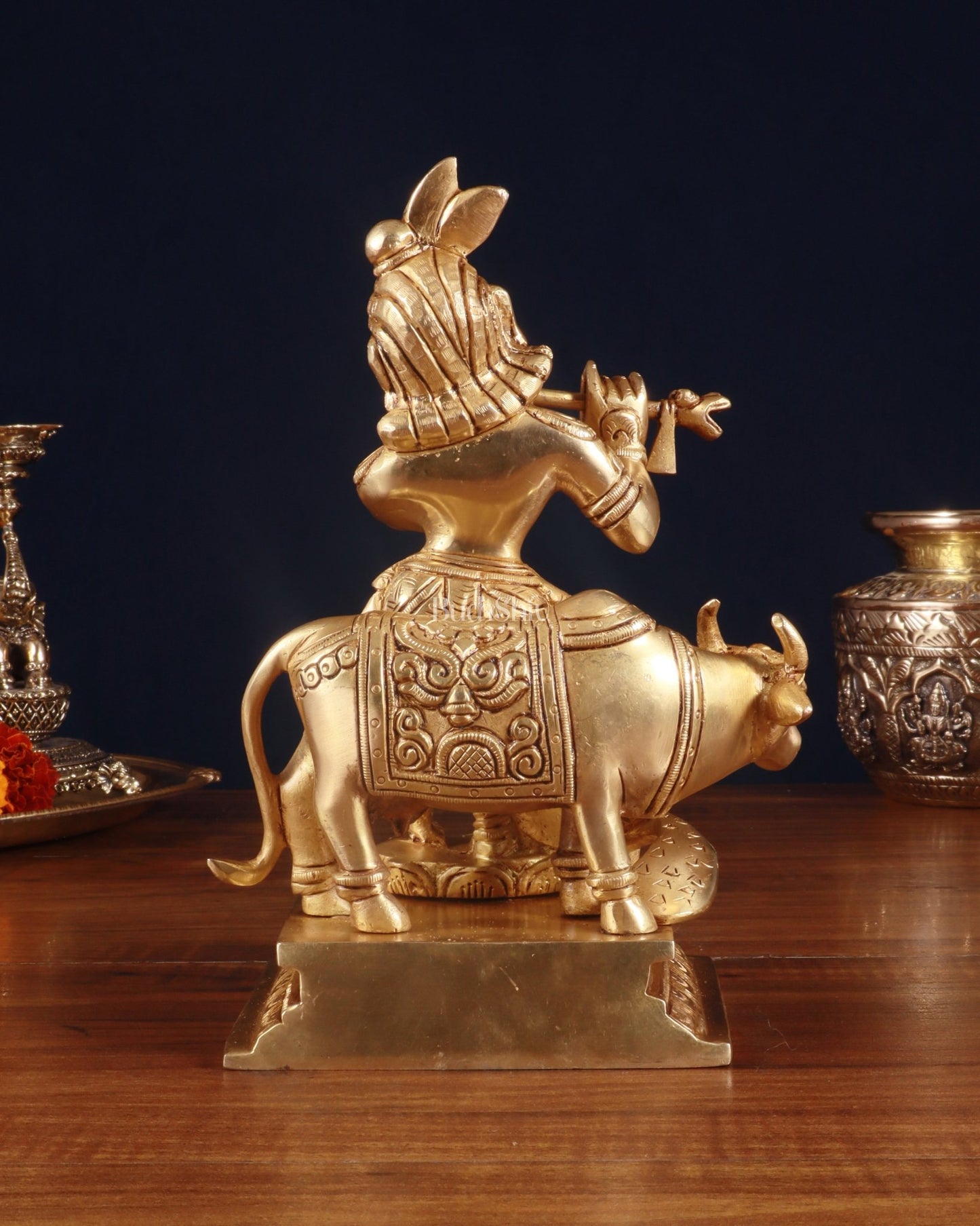 Superfine Brass Lord Krishna with Cow Statue – 8.5 Inch - Budhshiv.com