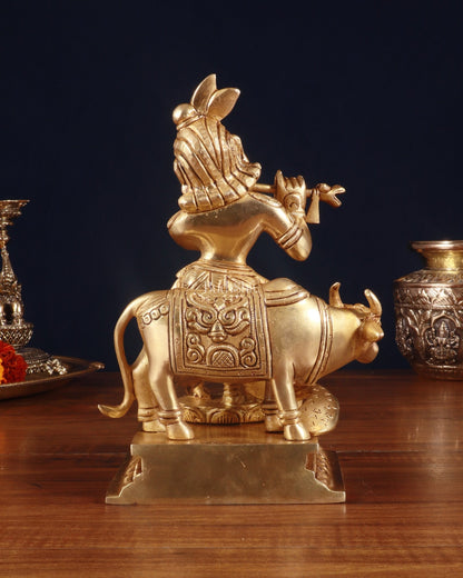 Superfine Brass Lord Krishna with Cow Statue – 8.5 Inch - Budhshiv.com