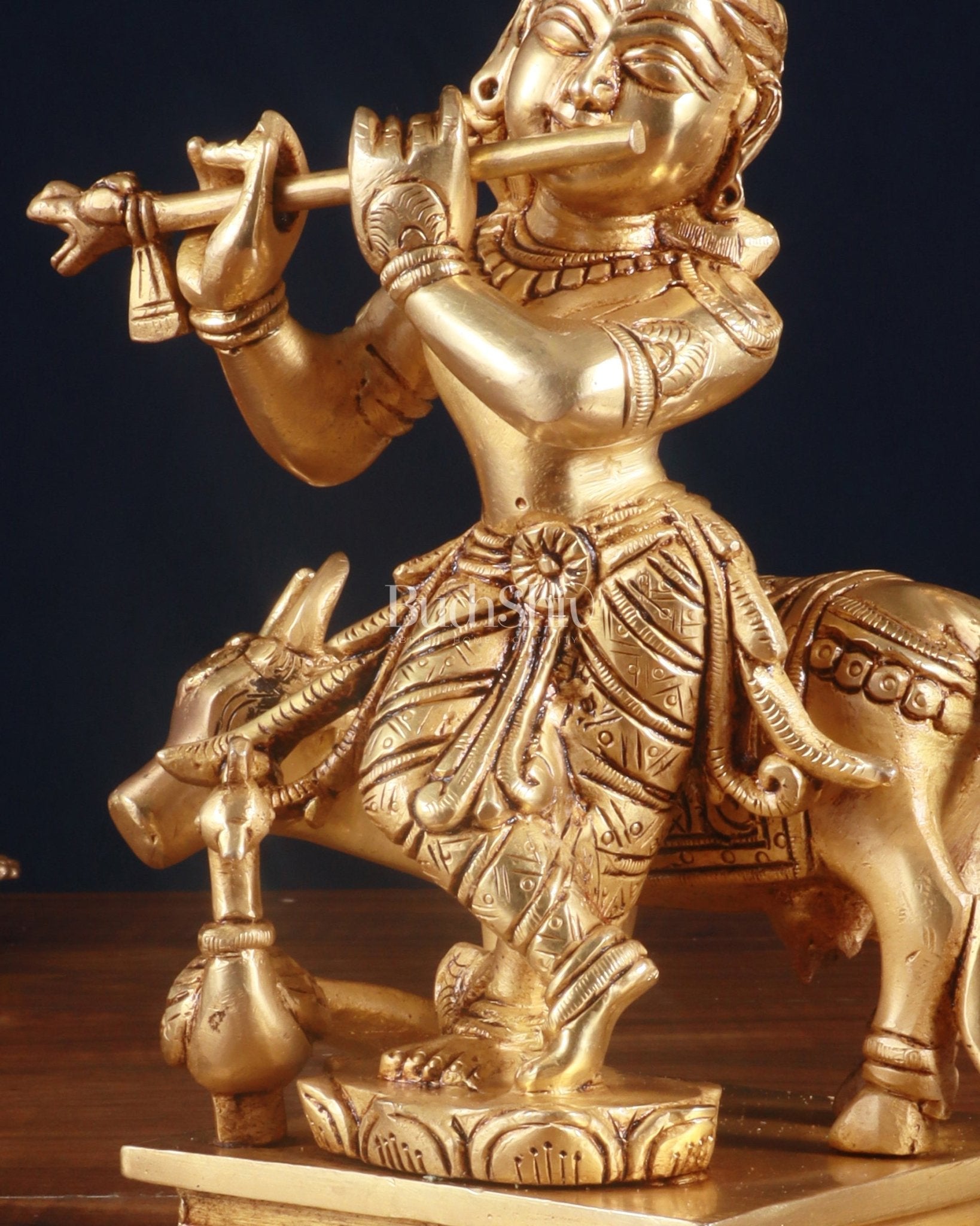 Superfine Brass Lord Krishna with Cow Statue – 8.5 Inch - Budhshiv.com