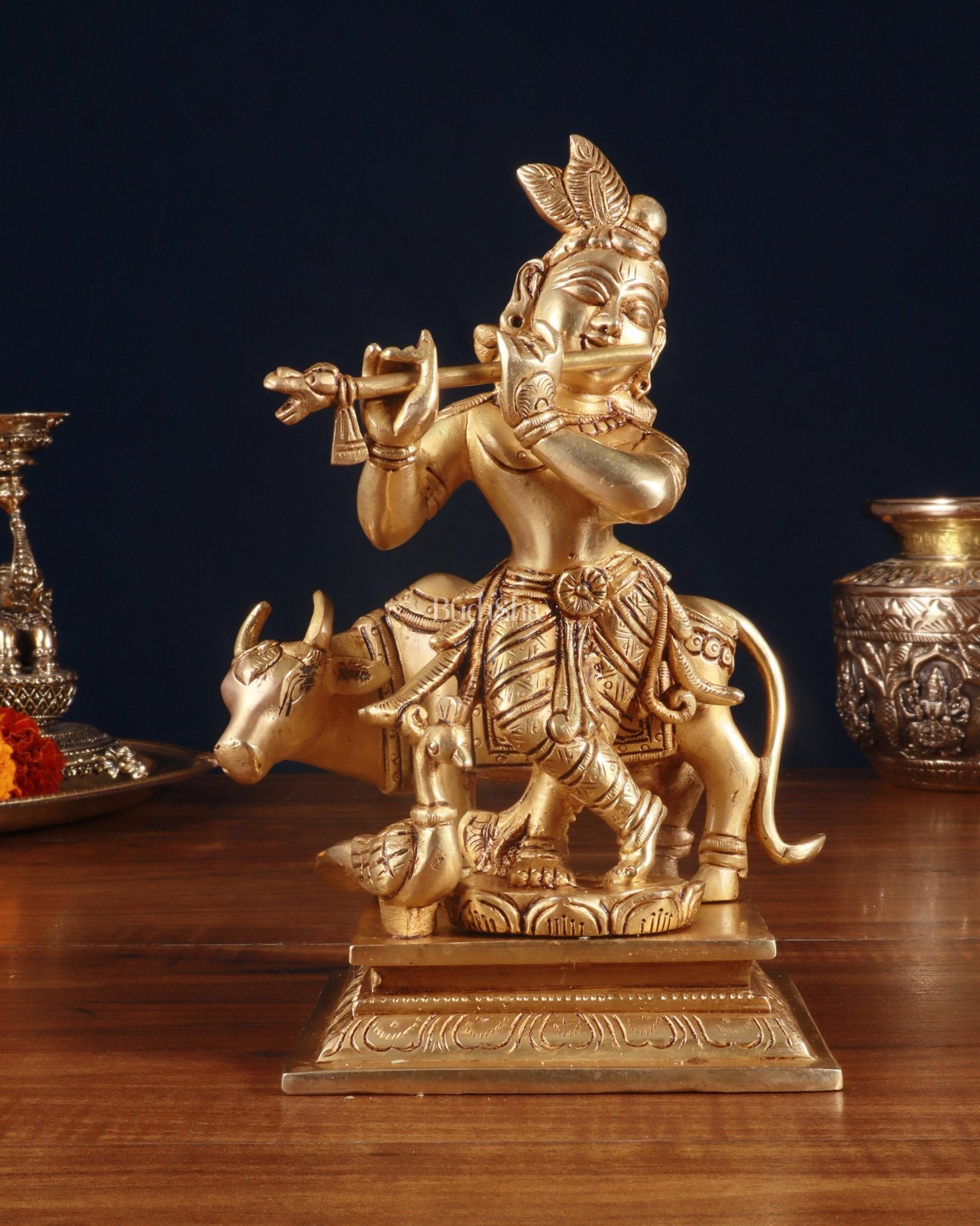 Superfine Brass Lord Krishna with Cow Statue – 8.5 Inch - Budhshiv.com