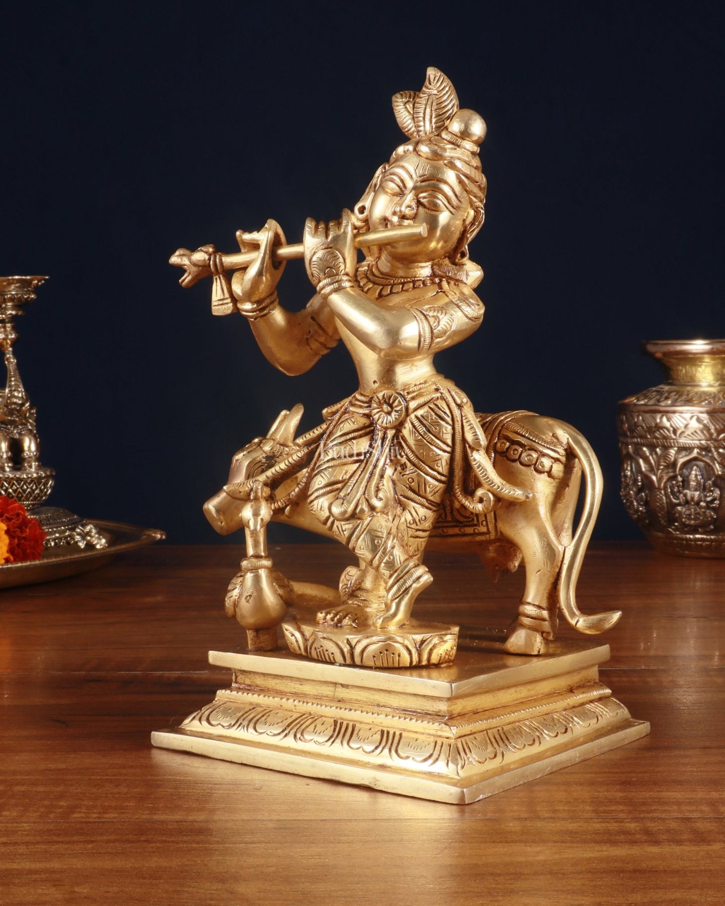 Superfine Brass Lord Krishna with Cow Statue – 8.5 Inch - Budhshiv.com