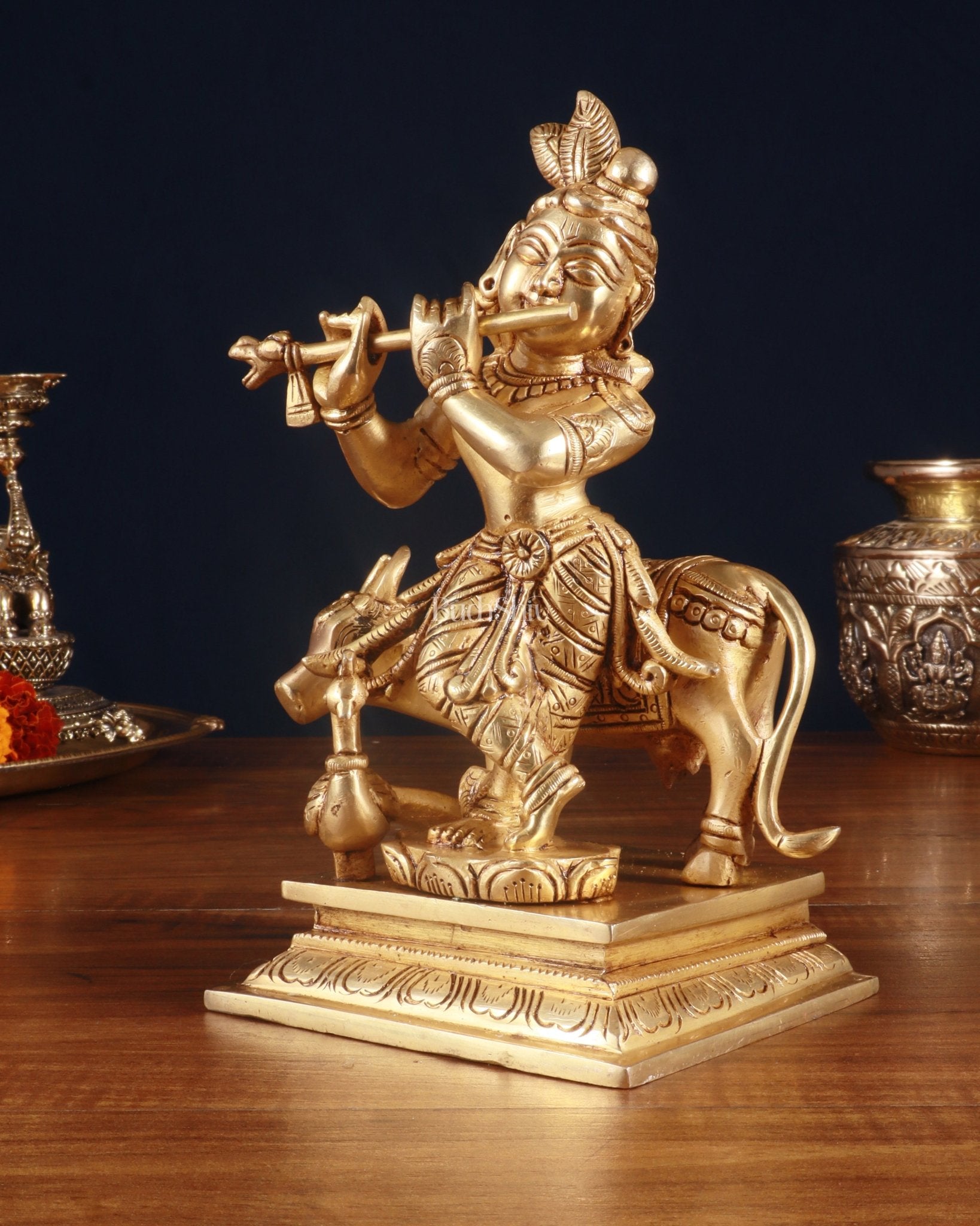 Superfine Brass Lord Krishna with Cow Statue – 8.5 Inch - Budhshiv.com