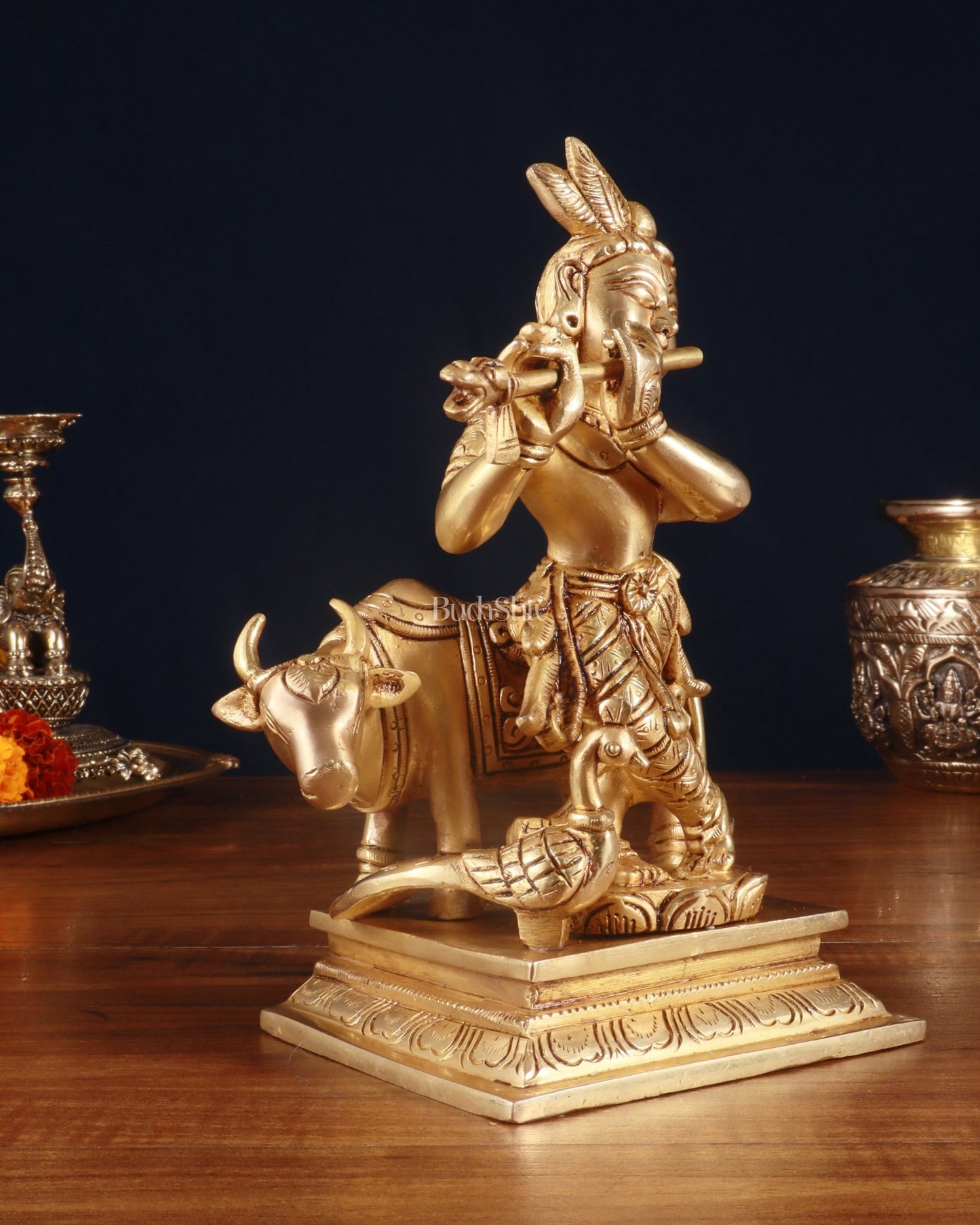 Superfine Brass Lord Krishna with Cow Statue – 8.5 Inch - Budhshiv.com