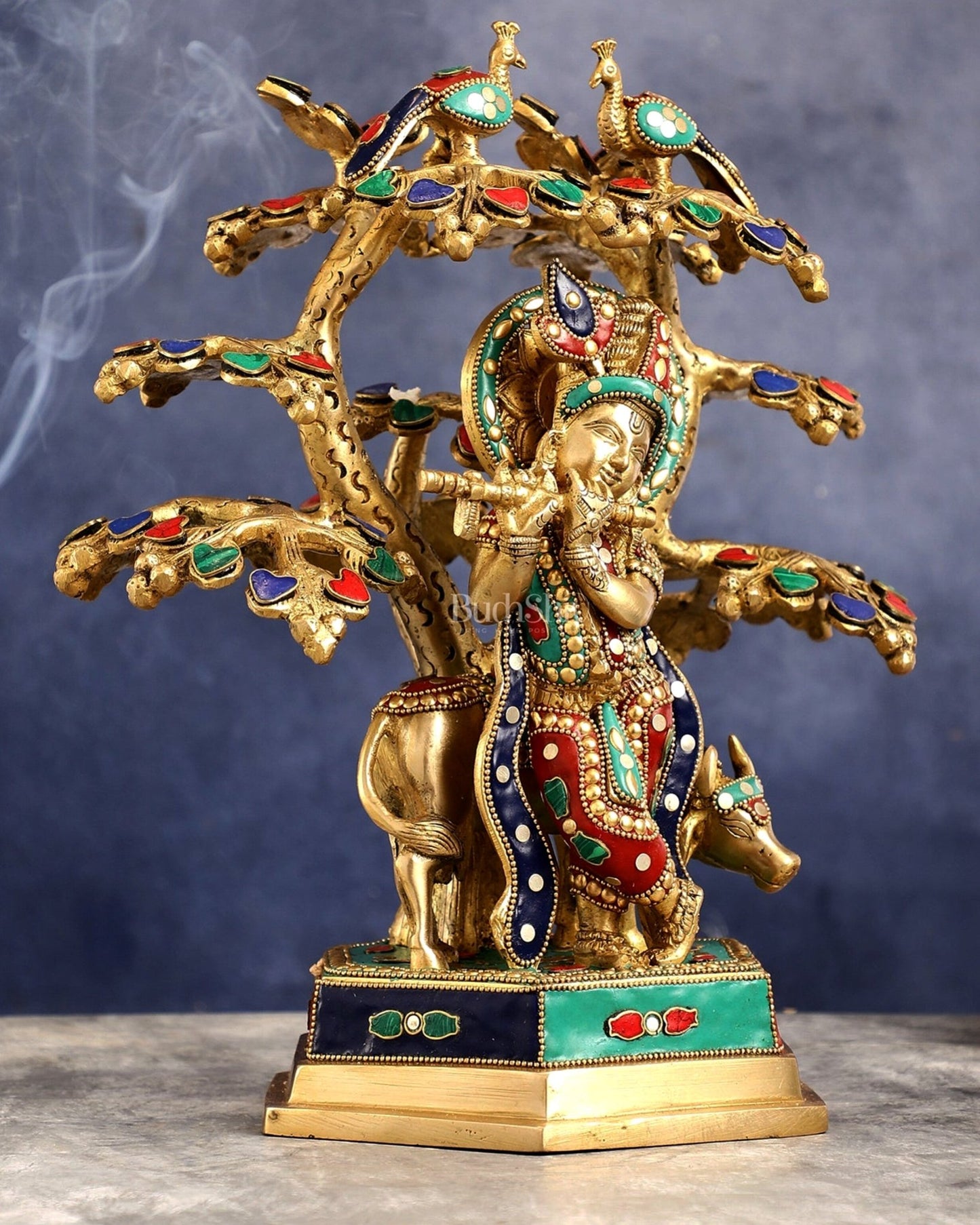 Superfine Brass Lord Krishna with Cow under Tree Statue with Stonework - 13 inch - Budhshiv.com