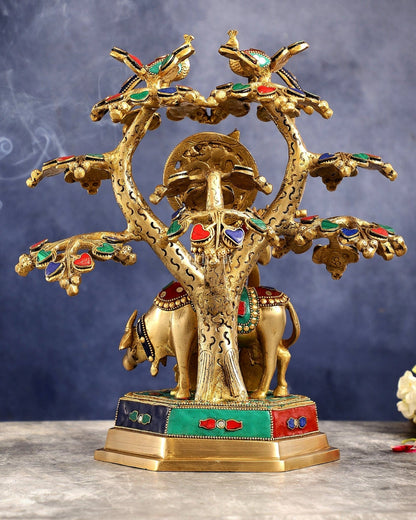 Superfine Brass Lord Krishna with Cow under Tree Statue with Stonework - 13 inch - Budhshiv.com