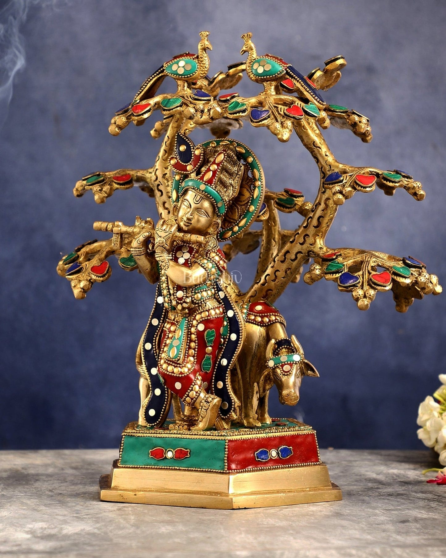 Superfine Brass Lord Krishna with Cow under Tree Statue with Stonework - 13 inch - Budhshiv.com