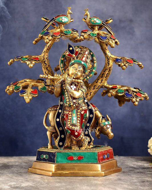 Superfine Brass Lord Krishna with Cow under Tree Statue with Stonework - 13 inch - Budhshiv.com
