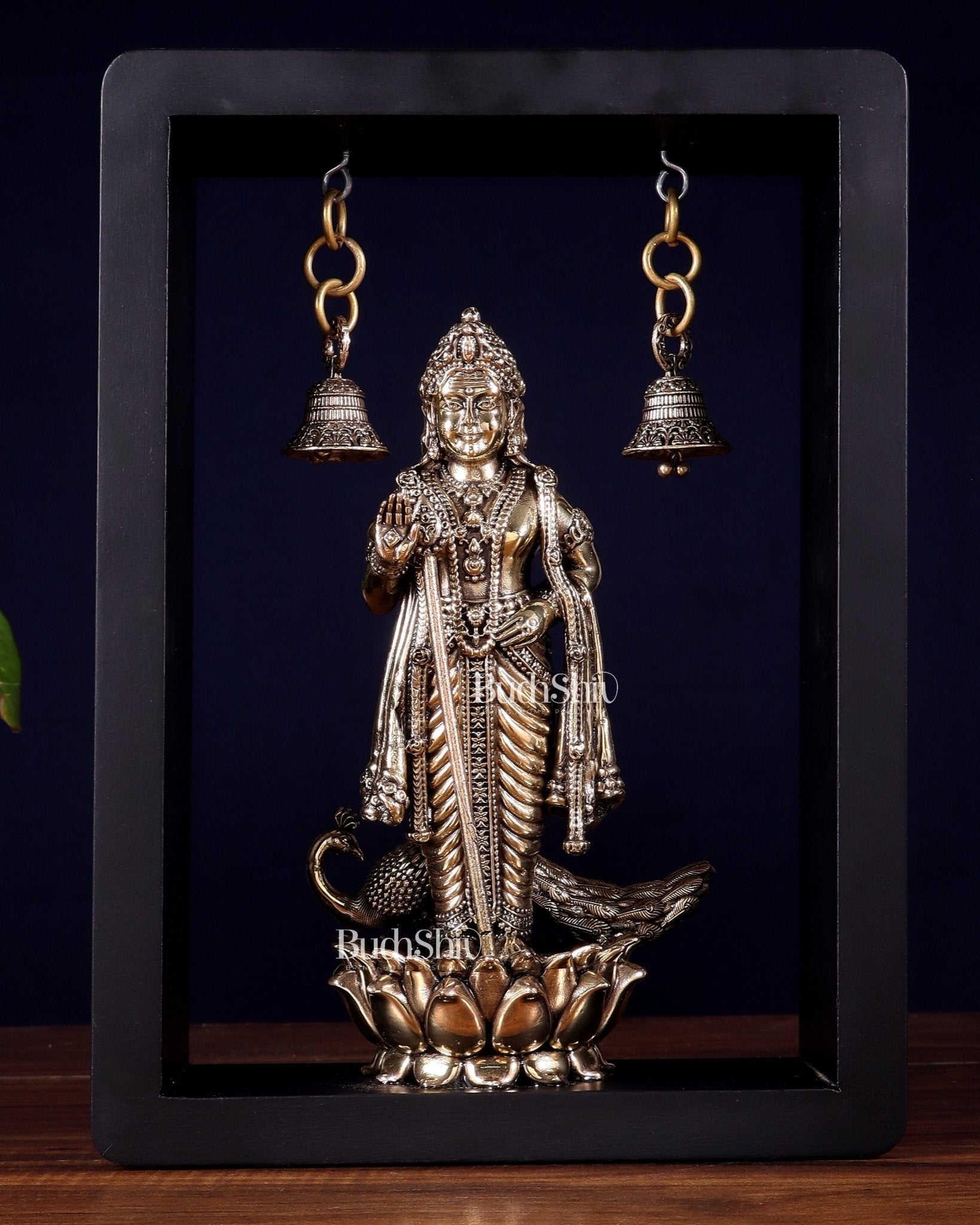 Superfine Brass Lord Murugan on Lotus with Hanging Bells – 11 Inch - Budhshiv.com