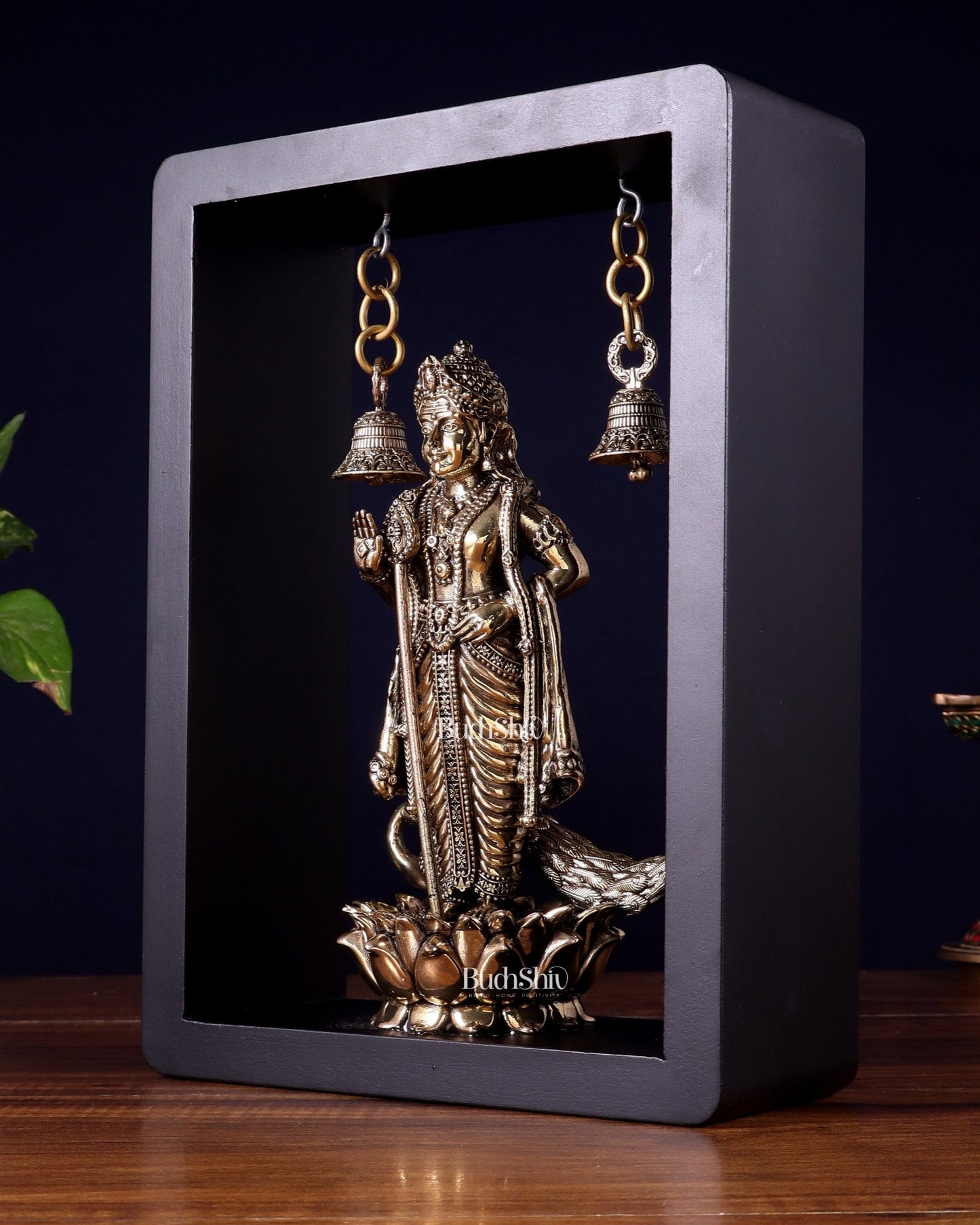Superfine Brass Lord Murugan on Lotus with Hanging Bells – 11 Inch - Budhshiv.com