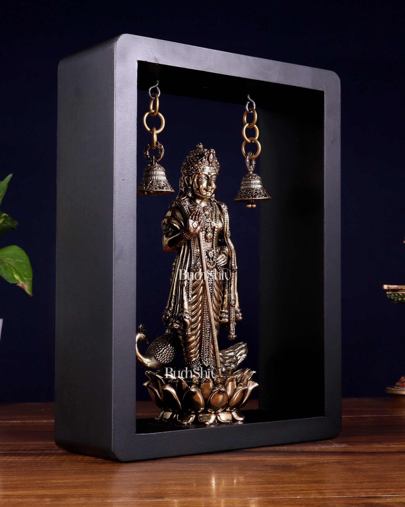 Superfine Brass Lord Murugan on Lotus with Hanging Bells – 11 Inch - Budhshiv.com