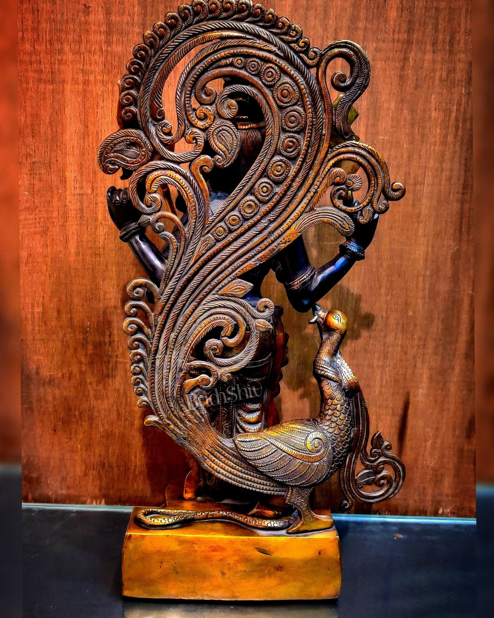 Superfine Brass Lord Murugan Statue - Peacock and Cobra - 20 inch - Budhshiv.com