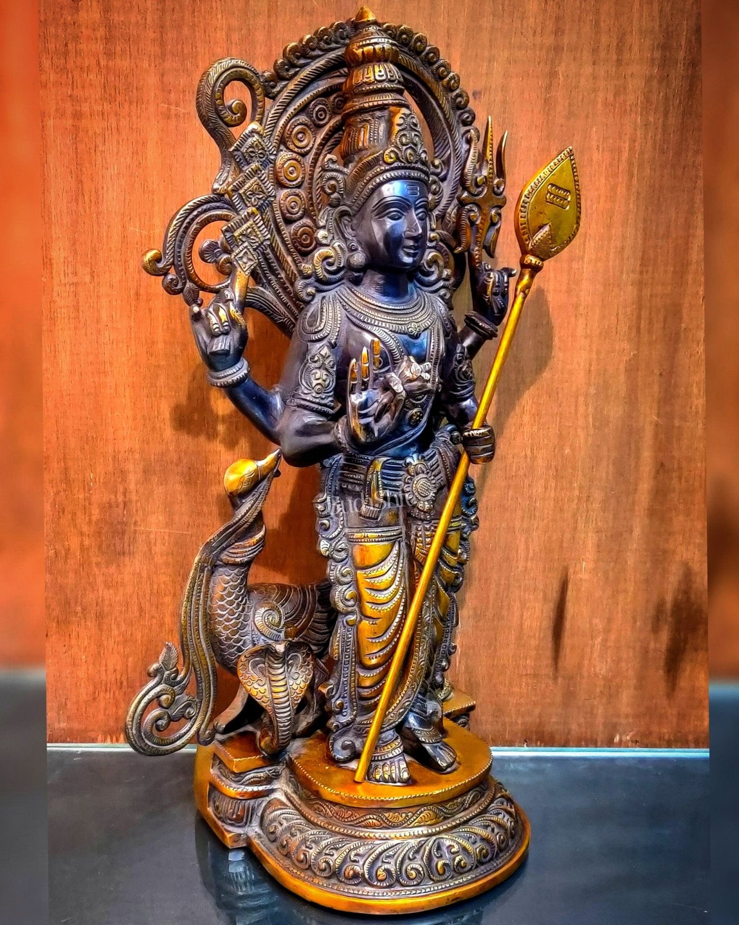 Superfine Brass Lord Murugan Statue - Peacock and Cobra - 20 inch - Budhshiv.com