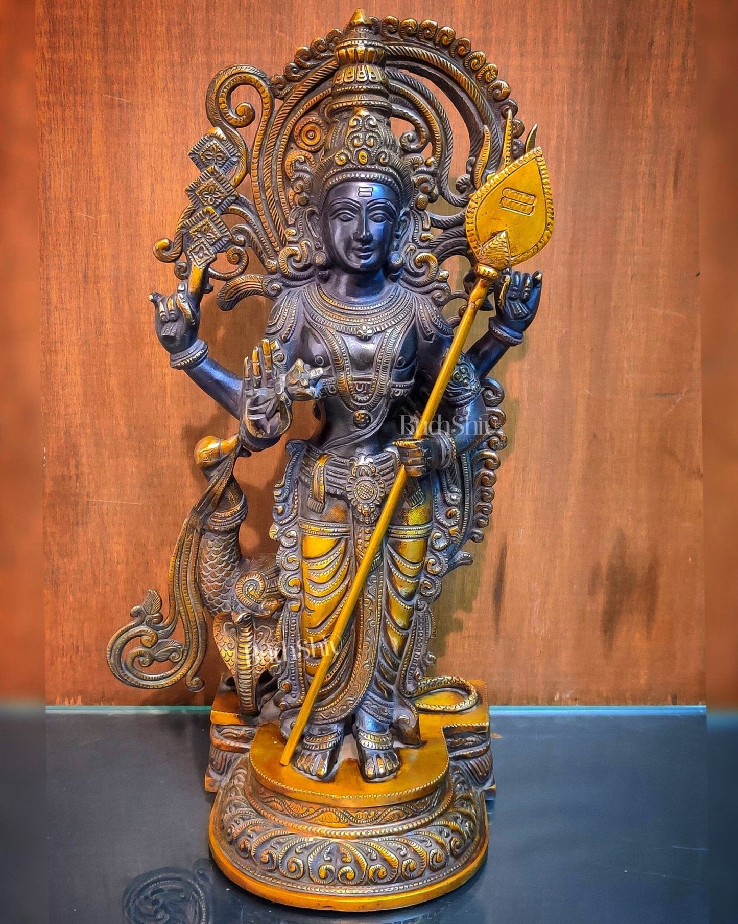 Superfine Brass Lord Murugan Statue - Peacock and Cobra - 20 inch - Budhshiv.com