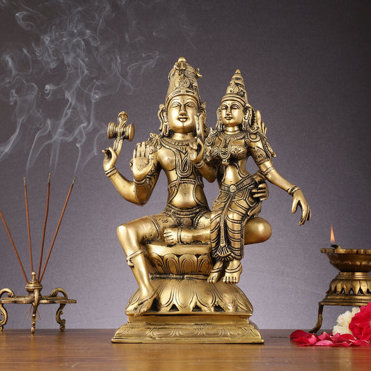 Superfine Brass Lord Shiva and Goddess Parvati Idol - 15 inch - Budhshiv.com