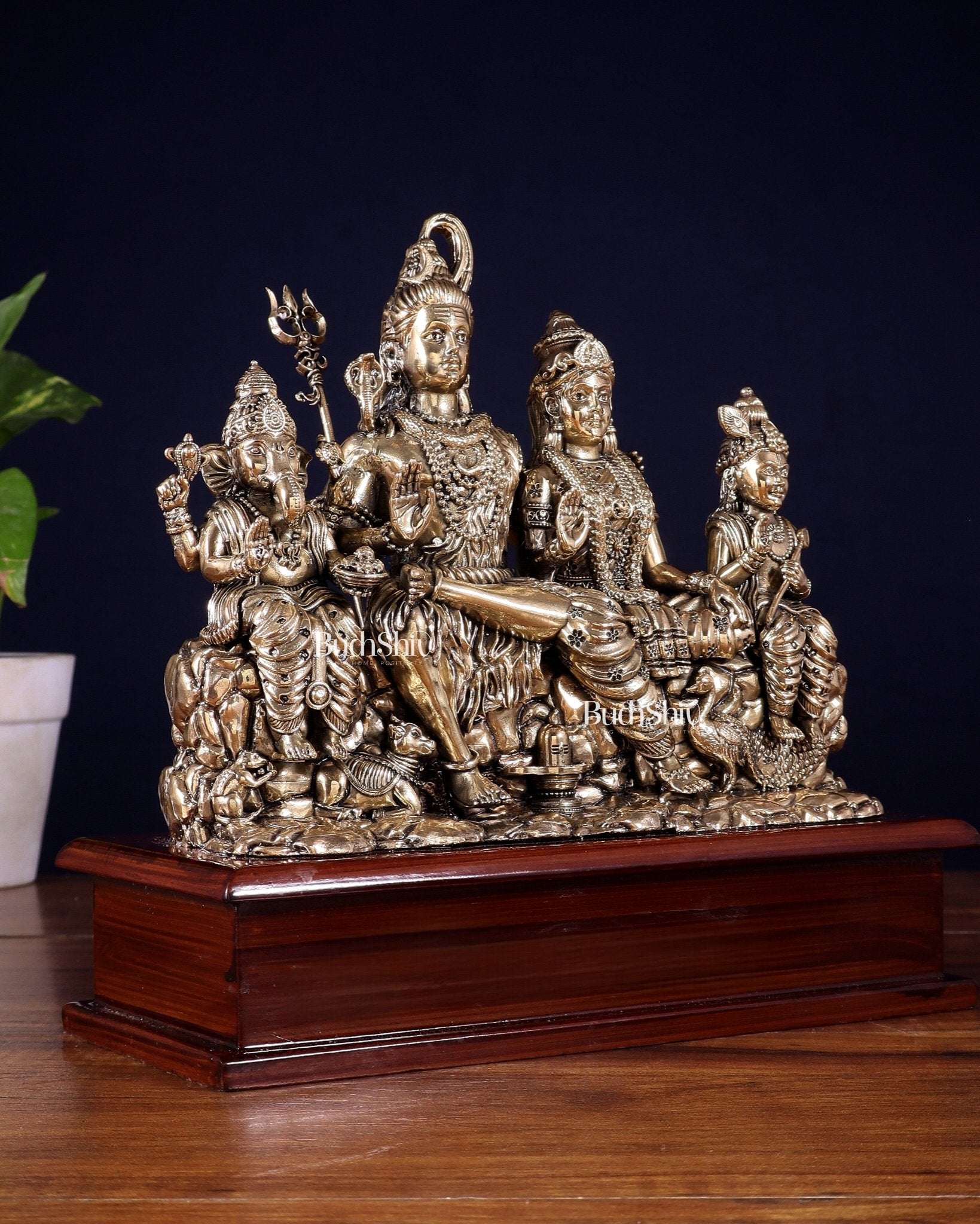 Superfine Brass Lord Shiva Parivar on Wooden Base – 9 Inch - Budhshiv.com