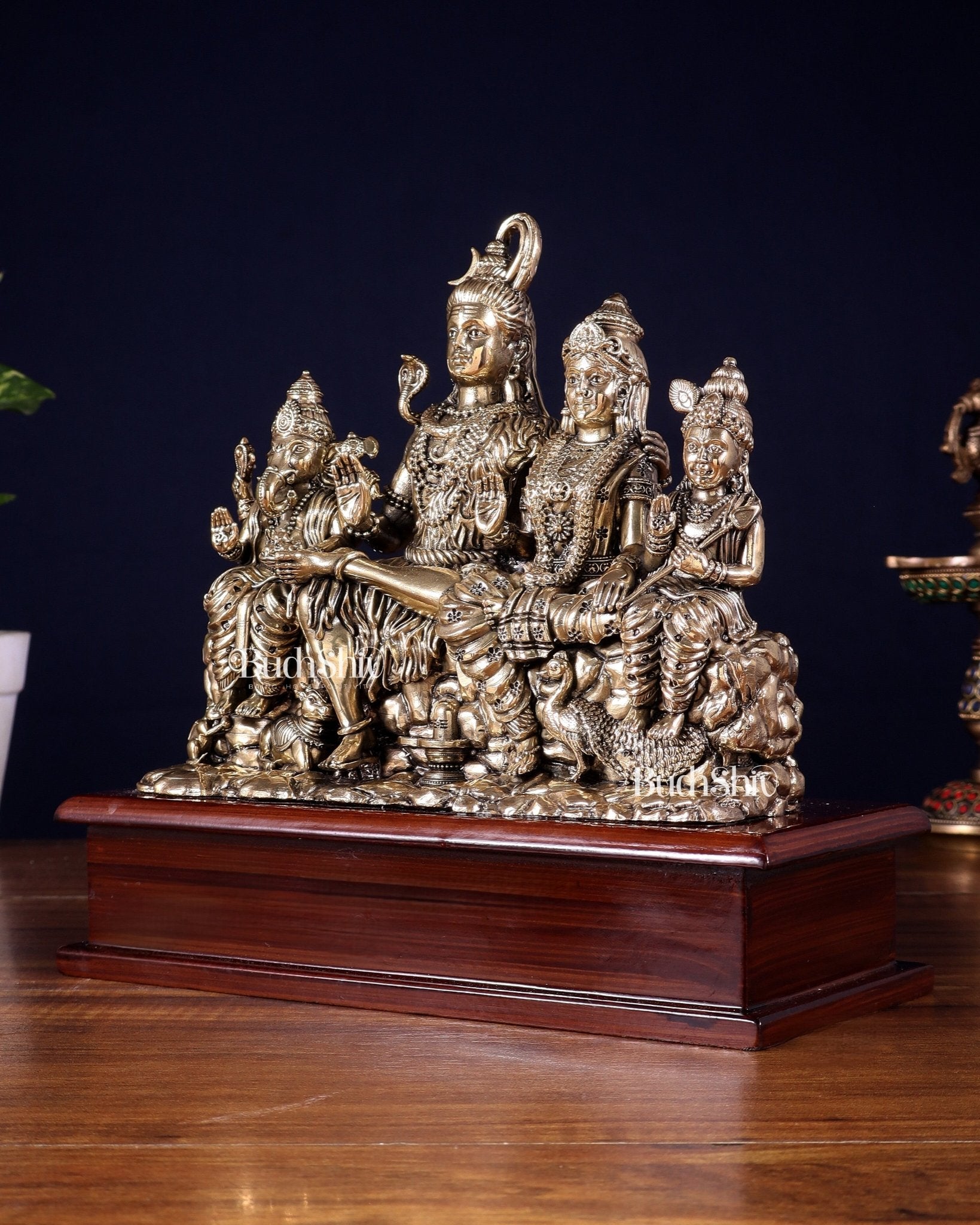 Superfine Brass Lord Shiva Parivar on Wooden Base – 9 Inch - Budhshiv.com