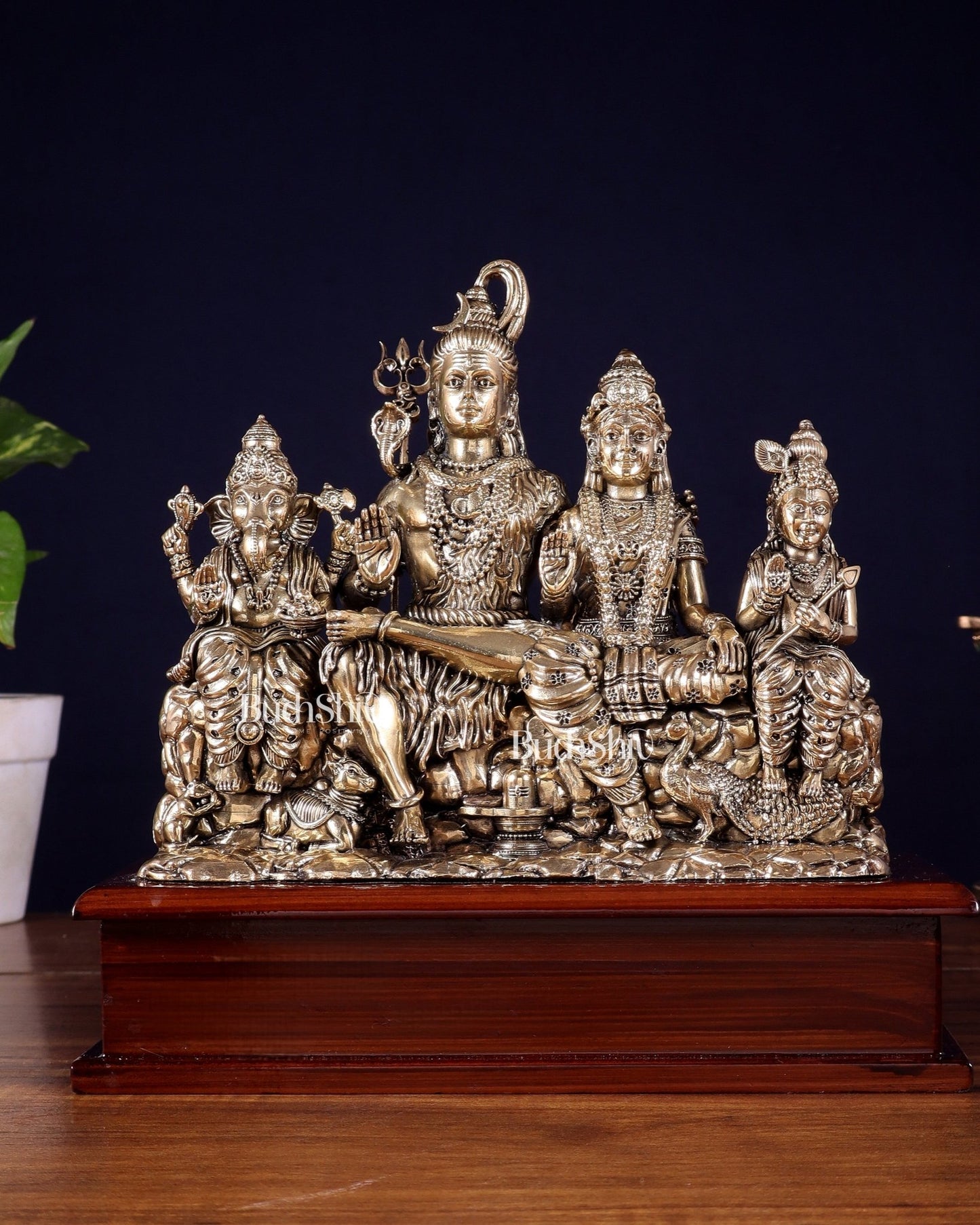Superfine Brass Lord Shiva Parivar on Wooden Base – 9 Inch - Budhshiv.com