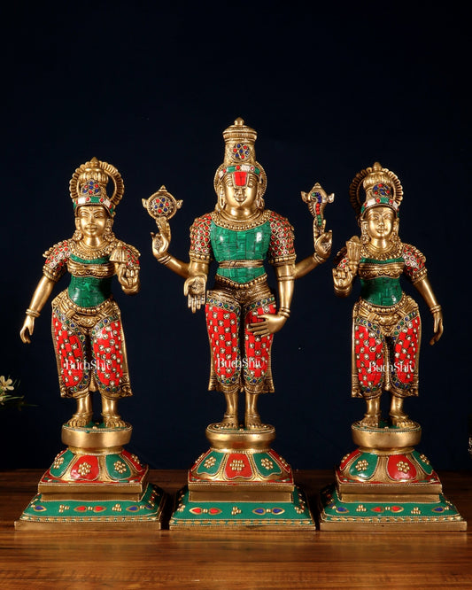 Superfine Brass Lord Tirupati Balaji with Bhudevi and Shreedevi Idol Set - 18.5" meenakari - Budhshiv.com