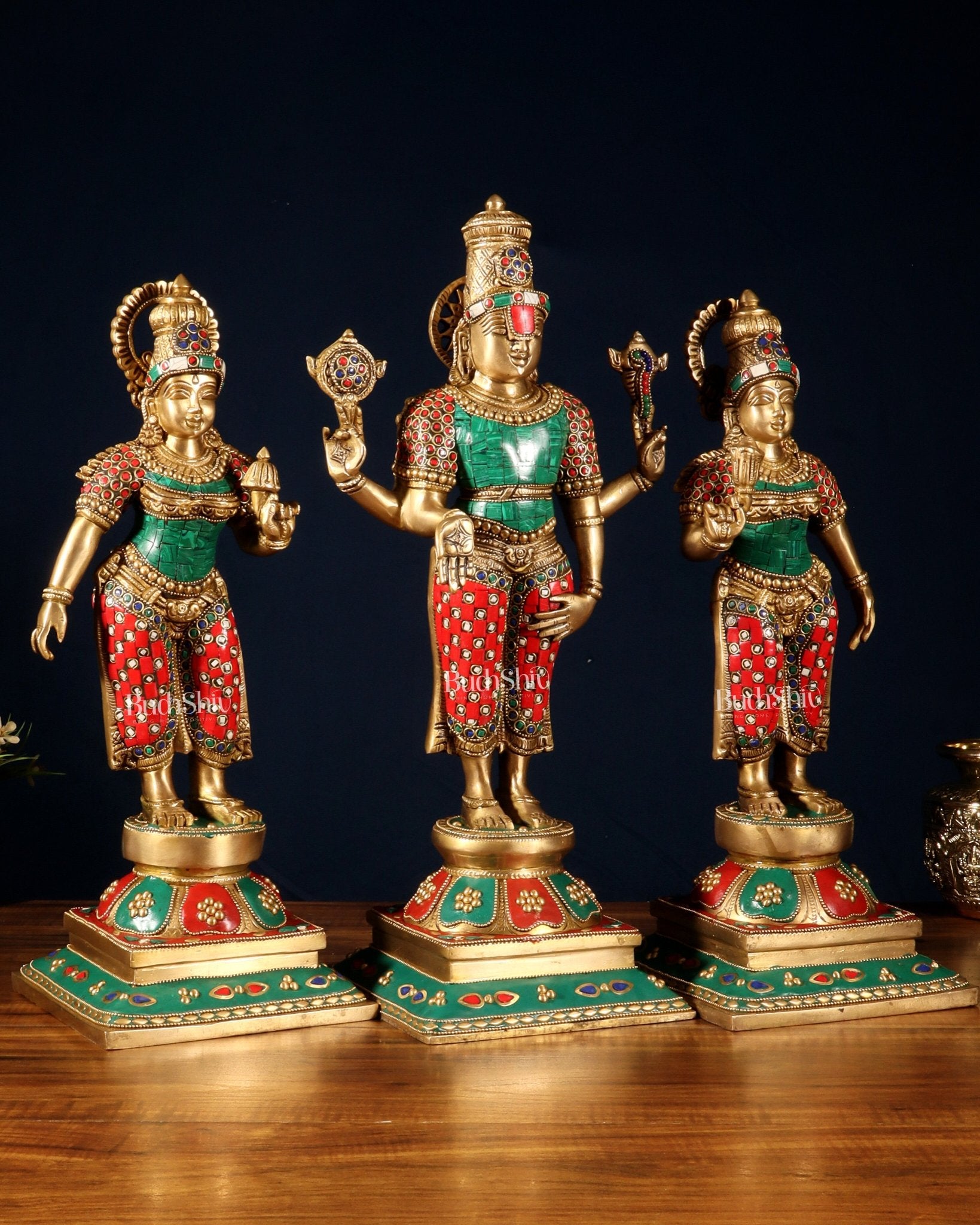 Superfine Brass Lord Tirupati Balaji with Bhudevi and Shreedevi Idol Set - 18.5" meenakari - Budhshiv.com