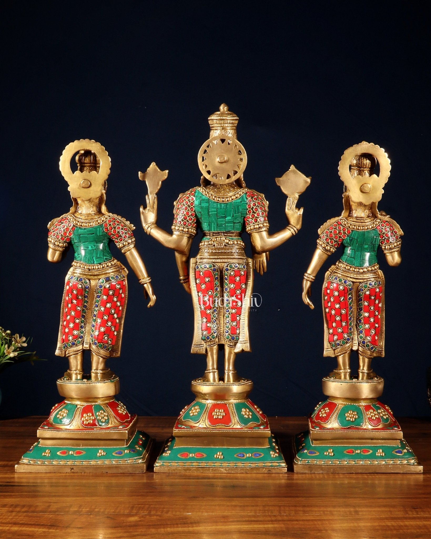 Superfine Brass Lord Tirupati Balaji with Bhudevi and Shreedevi Idol Set - 18.5" meenakari - Budhshiv.com