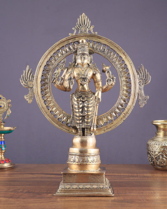 Superfine Brass Lord Vishnu Statue with Sudarshan Chakra Aura - 16.5 Inch - Budhshiv.com