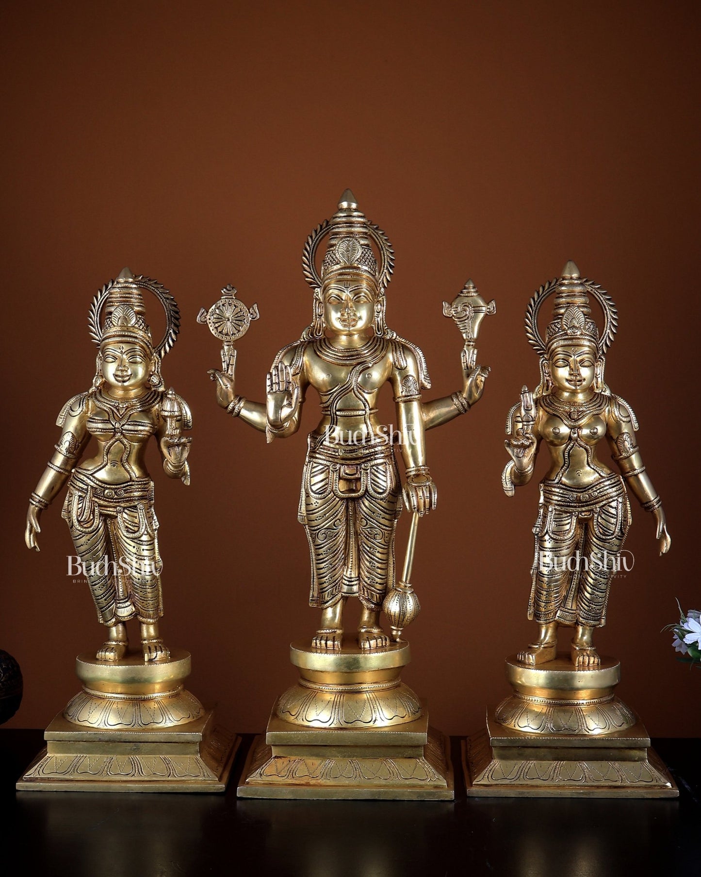 Superfine Brass Lord Vishnu with Bhudevi & Sridevi | Temple - Grade Trio Set 25 inch - Budhshiv.com