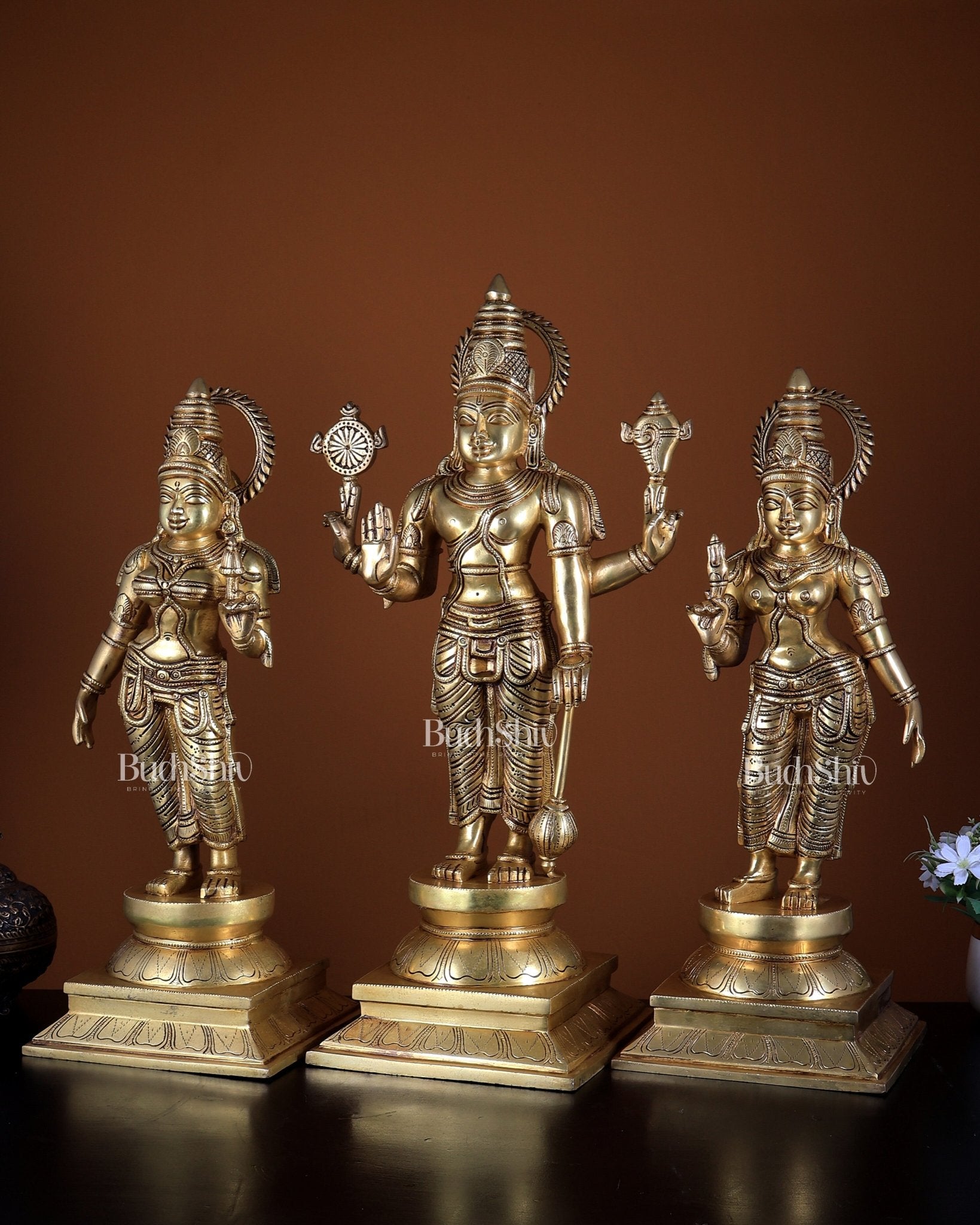 Superfine Brass Lord Vishnu with Bhudevi & Sridevi | Temple - Grade Trio Set 25 inch - Budhshiv.com