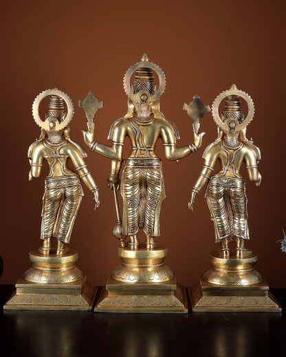 Superfine Brass Lord Vishnu with Bhudevi & Sridevi | Temple - Grade Trio Set 25 inch - Budhshiv.com