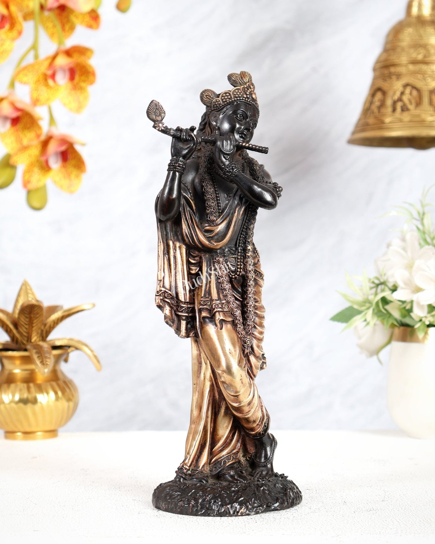 Superfine Brass Mathura Krishna Intricate Idol 10" black finish - Budhshiv.com