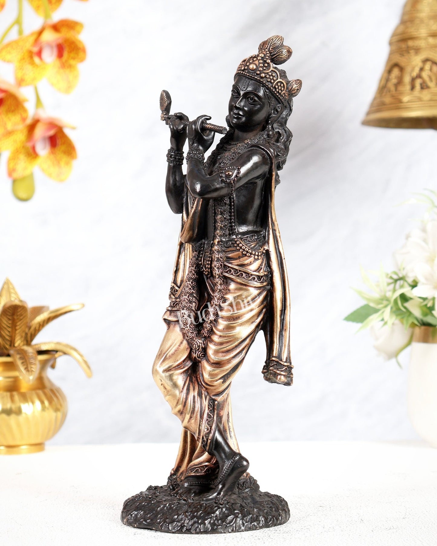 Superfine Brass Mathura Krishna Intricate Idol 10" black finish - Budhshiv.com
