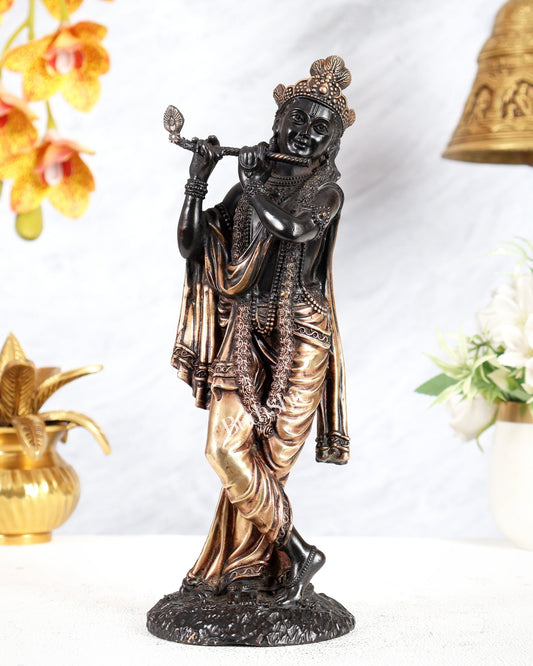 Superfine Brass Mathura Krishna Intricate Idol 10" black finish - Budhshiv.com