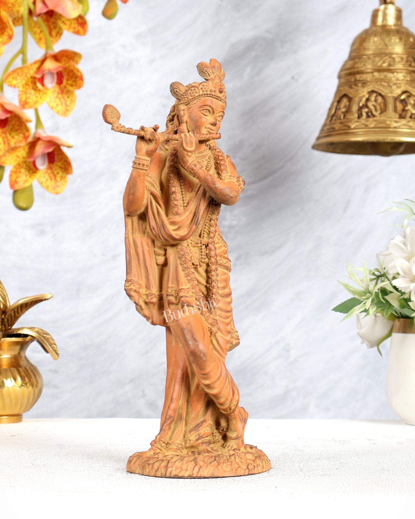 Superfine Brass Mathura Krishna Intricate Idol 10" Sand finish - Budhshiv.com