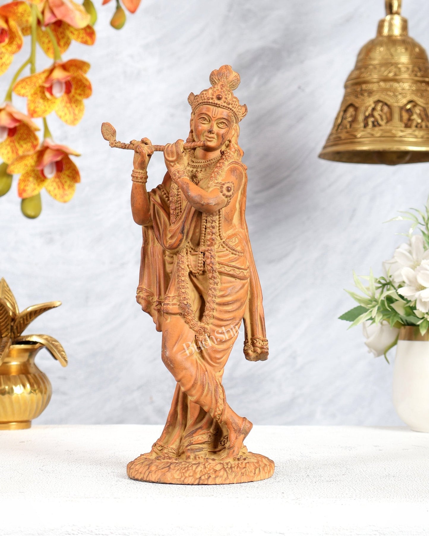 Superfine Brass Mathura Krishna Intricate Idol 10" Sand finish - Budhshiv.com