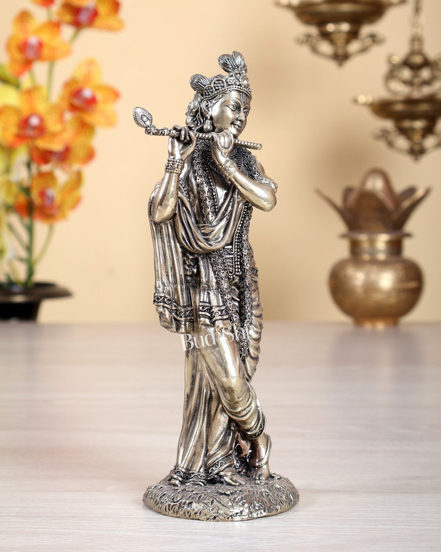 Superfine Brass Mathura Krishna Intricate Idol 10" - Budhshiv.com